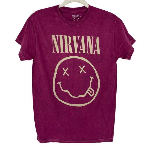Officially Licensed Nirvana Nevermind Smiley Grunge Tee Magenta Acid Wash Small - Picture 1 of 5